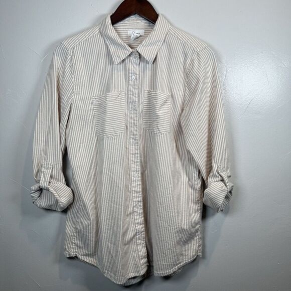 Japna Tan White Striped Long Sleeve Button Shirt Size Large Beach Boho Rolltab - Picture 12 of 13